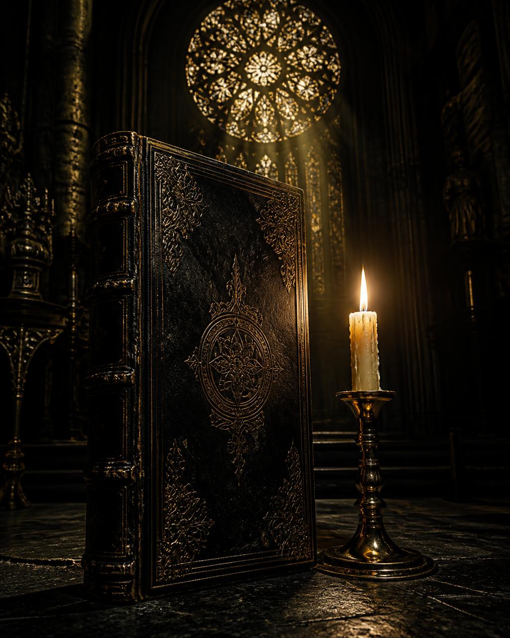 Grimório da Ordem Rozarium iluminado por uma vela no templo